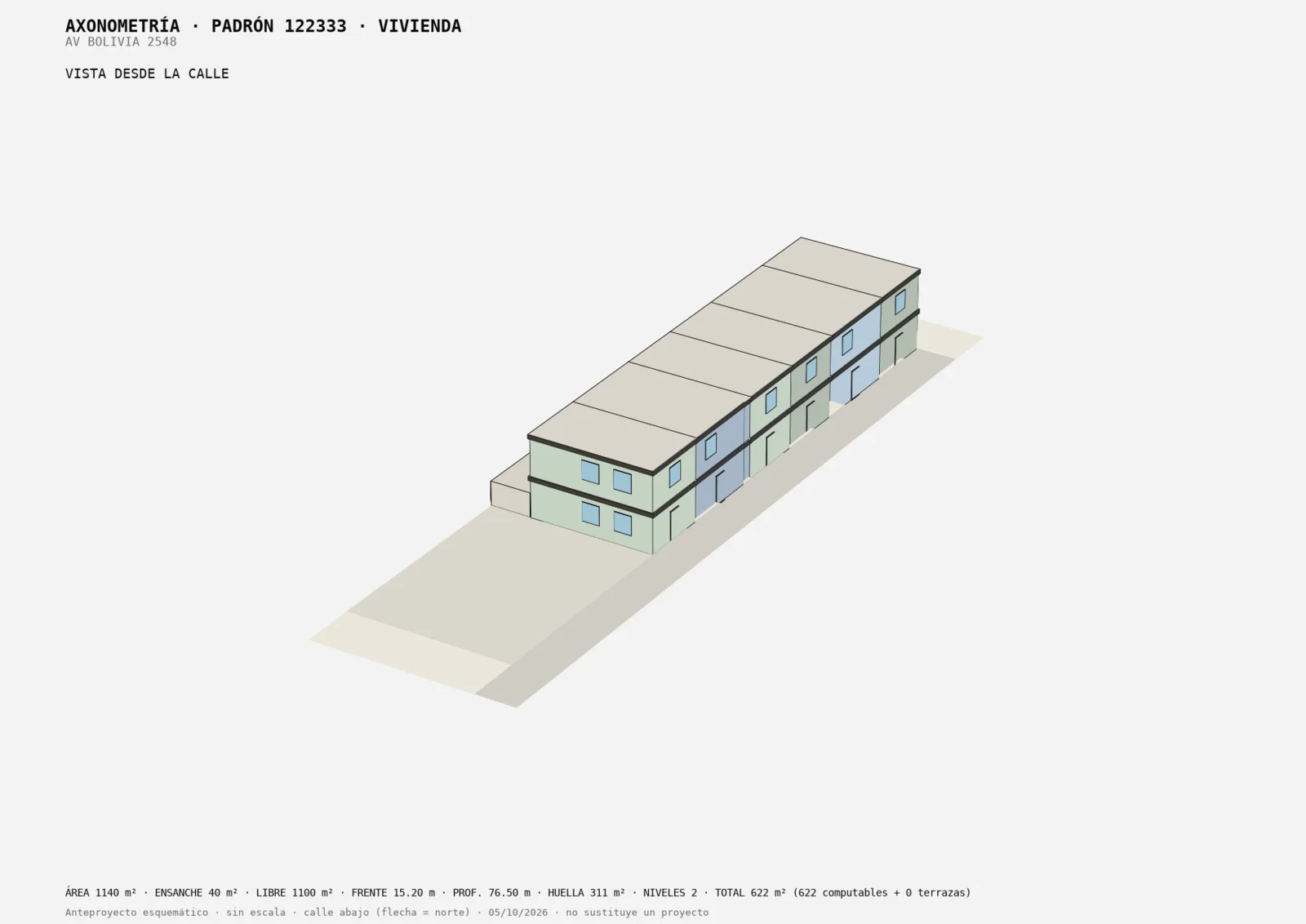 Axonometría del anteproyecto de vivienda del padrón 122333: dúplex en dos niveles vistos desde la calle, sobre el predio con sus retiros
